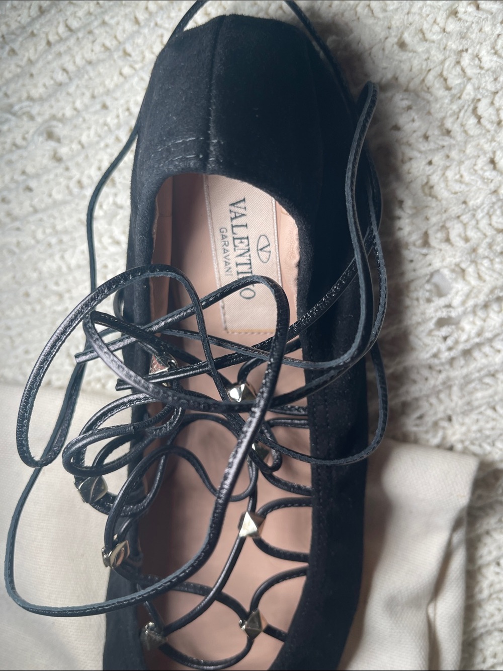 Valentino Black Lace-Up Pointed-Toe Flats with Strappy Detail - Picture 6 of 16